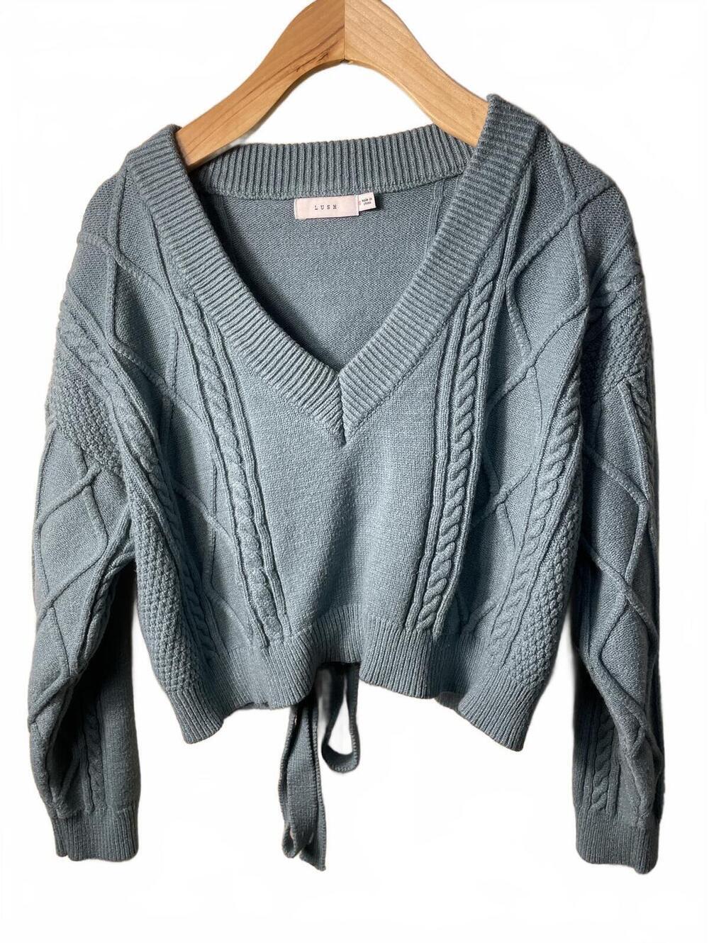 Lush Cable Knit V Neck Sweater Womens Size Small Blue Bow Tie Romantic Coquette - Picture 6 of 8